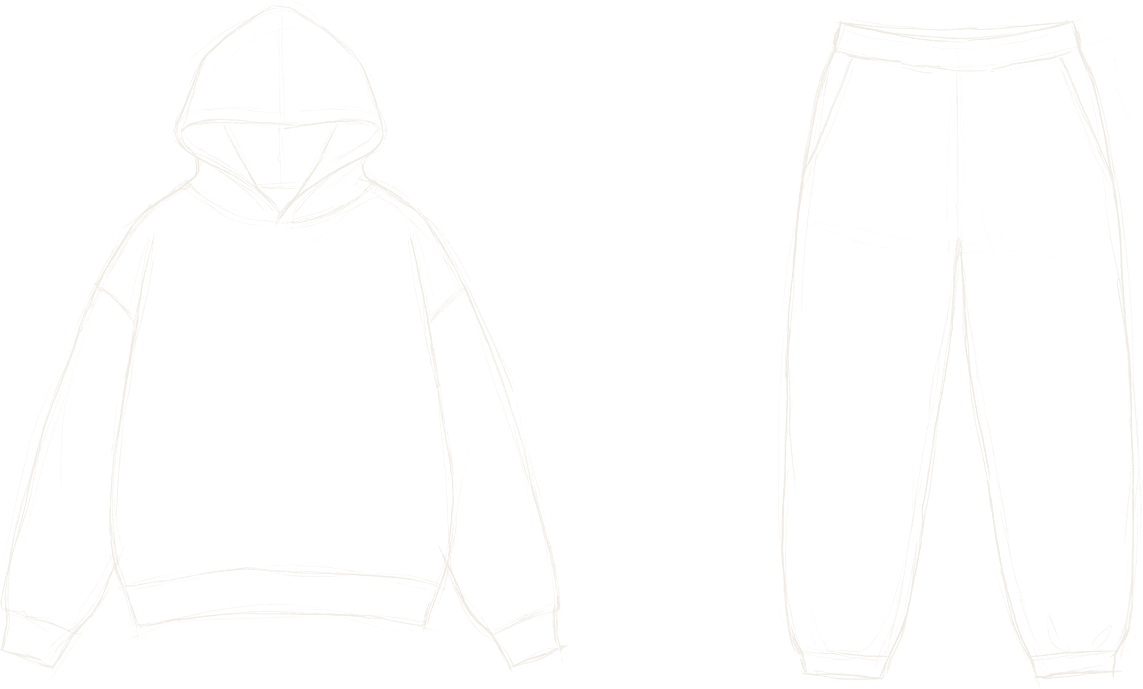 Loose graphite studies of an oversized hooded sweatshirt and matching sweatpants.